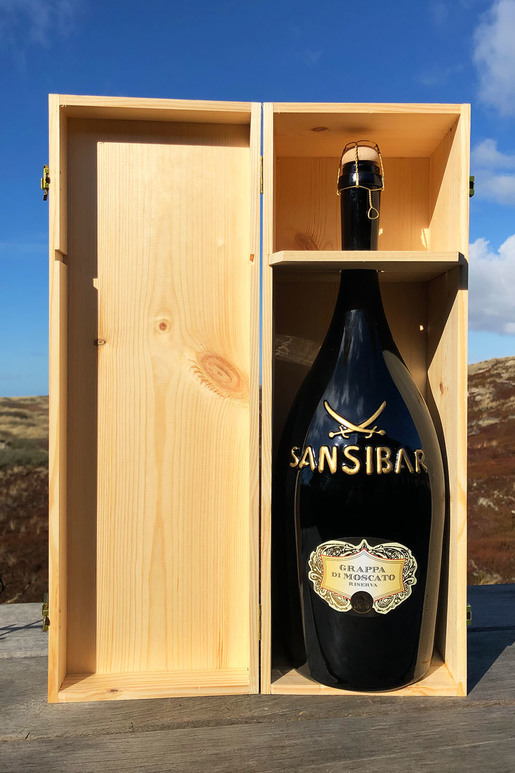 Sansibar Grappa 3,0l Flasche in einer Präsent Holzkiste