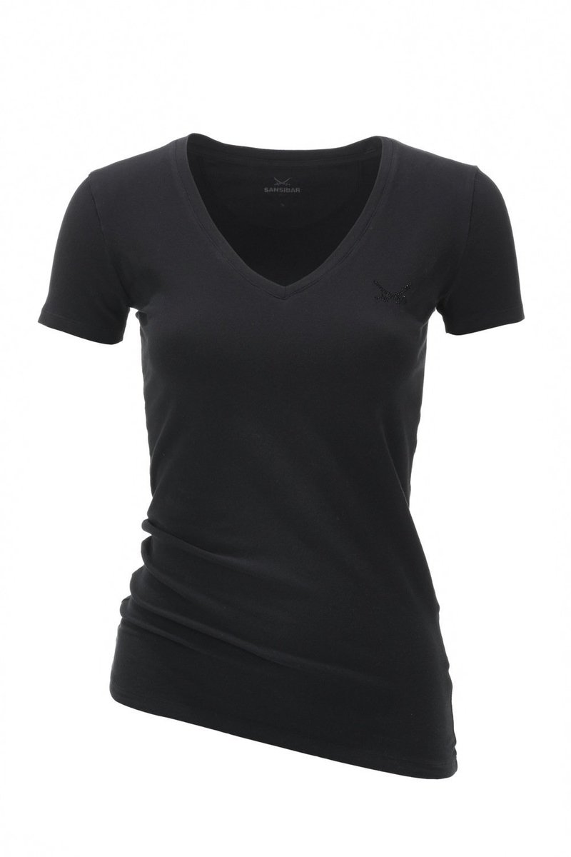 Fashion 0113, Sansibar | Damen V-Ausschnitt | BASIC Damen T-Shirt Black, Gr. XXL |